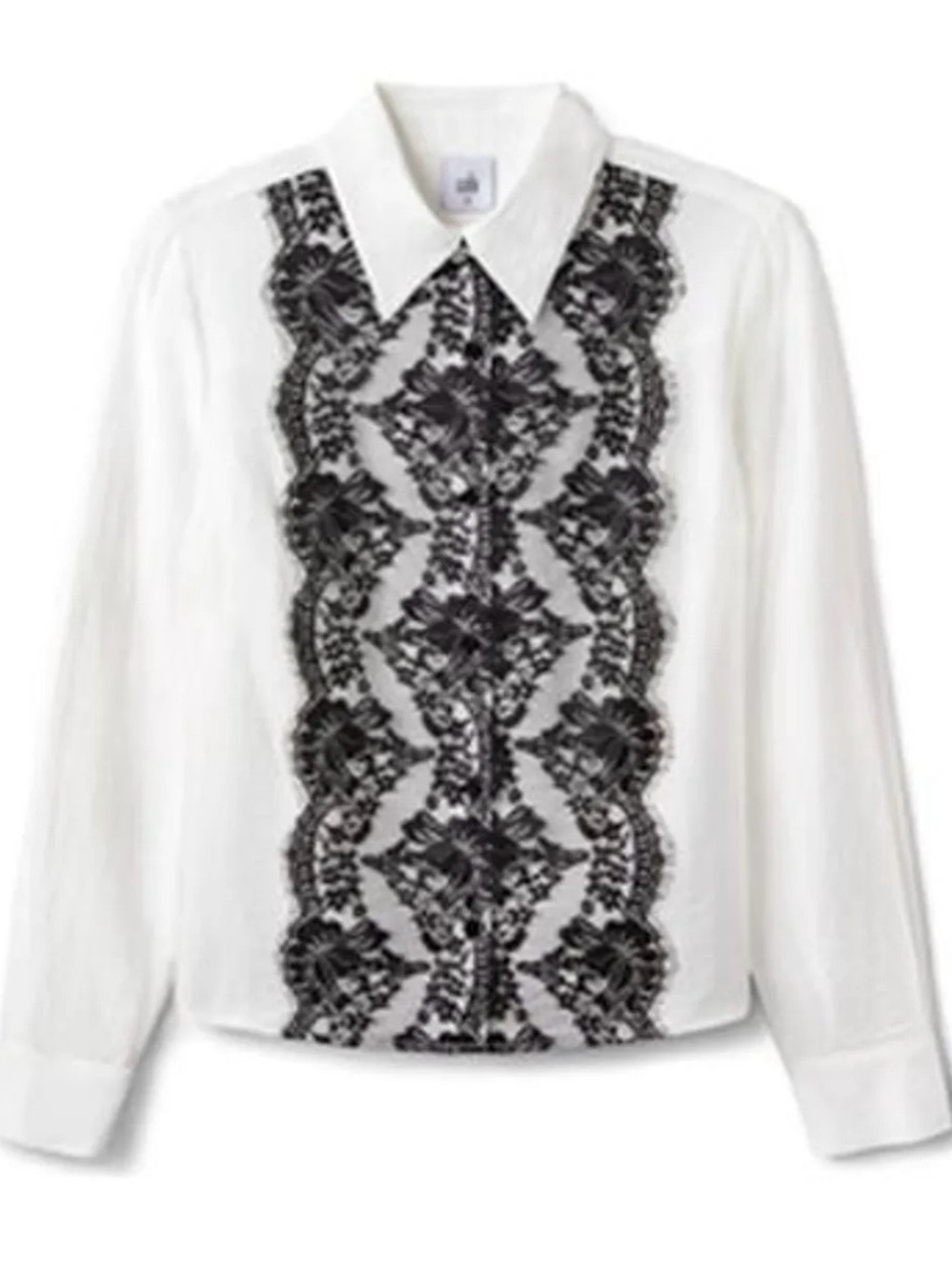 CAbi Dolce White Button-Up Blouse with Black Lace Front Panel M NWOT